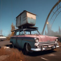 happy cute model sitting on roof of a caravan, wreckfest, spectacular graphics, unreal, road, bridge, fallout 4