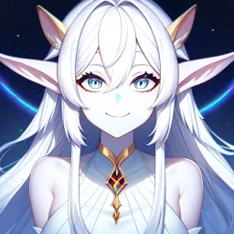 cosmic mage, elf, female, cosmic magic, long ears, white hair, face details, pale skin, jewellery, broad shoulders, sharp ears, cosmic clothes, cosmic eyes, ears shown, the cosmos in eyes, shining eyes, thin face, detailed ears, magical eyes, closed mouth, make up, smiling face, happy face, pointy ears