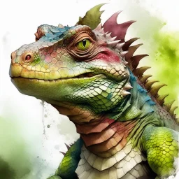 dnd, fantasy, watercolour, humongous strokes, stylistic, portrait, illustration, furry, lizard, personable face, cartoony