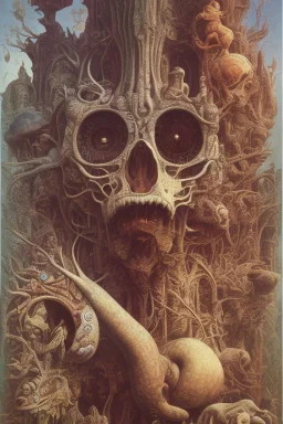 An incredibly creepy detailed masterpiece collaborative painting by Max Ernst, Roger Dean, Leonardo da Vinci, ornate, detailed, high resolution, polaroid, intricate, volumetric light