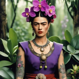 [high res photo by Ray Harryhausen] Frida Kahlo as a tattooed Viking warrior: she delicately picks the orchid flower with her mystical allure and enchanting fragrance. They are in a hidden garden deep within the heart of a mystical forest, where orchids bloom in a riot of hues - from deep purples to dazzling whites, each blossom a work of art crafted by nature's hand.