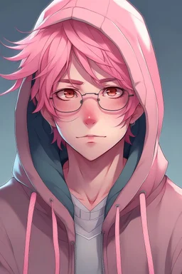 Anime man with glasses, messy pink hair, wearing a hooded sweatshirt, realistic