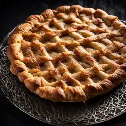 dramatic side shot of steaming apple pie just out of the oven, stunning artistic lattice crust, black background, Kinetic, professionally shot on dslr 64 megapixels sharp focus for advertising campaign, Professional photography, bokeh, dramatic spotlight