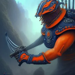 an orange fruit warrior in full navy blue and orange battle armor, a highly detailed illustration, background of Inka jungle, realistic render, 8 k, micro detail, intricate, elegant, centered, digital painting, Artstation, smooth, sharp focus, illustration, artgerm, tomasz alen kopera, peter mohrbacher, donato giancola, joseph christian leyendecker, wlop, boris vallejo