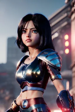 Alita battle angel, portrait from waist up, intricate eyeliner, vibrant eyeshadow, clear completion, soft lighting, 4k resolution, intricate details, insanely detailed, colorful cityscape background, masterpiece, expert, cinematic smooth, retroanime style, realistic details