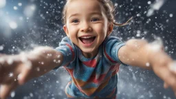 Magical Fantastic young happy child facing camera, Liquid Structure, Flying snowflakes, Splash, Portrait Photography, Fantasy Background, Intricate Patterns, Ultra Detailed, Luminous, Radiance, Joy, Exuberance, Fun, energy, excitement, Ultra Realism, Complex Details, Intricate Details, 16k, HDR, High Quality, Trending On Artstation, Sharp Focus, Studio Photo, Intricate Details, Highly Detailed, perfect anatomy