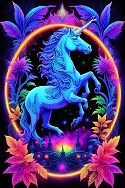 neon unicorn, 3D embossed textured ethereal image; midnight hues, extreme colors, neon unicorn at a rave in a graveyard; trippin', psychedelic, groovy, art nouveau; indica, sativa, leaves, gig poster art, macabre, eldritch, bizarre, extreme neon colors, mixed media, velvet, blacklight, uv