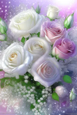 A huge, juicy lush bouquet of pale pink and white roses with gypsophiles and purple lilac, complex, amazing, magical delicate, the color of the sun, mint, sparkling dew drops, dawn, magically, in pastel transparent tones, hyper realistic, beautiful lumen, glitter, professional photo, 3d, realistic, 64k, high resolution, high detail, cgi, hyperrealism, f/16, 1/300s. highly detailed digital painting, bright and juicy photorealistic painting, solar illumination in the background