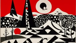 An abstract and geometric illustration by Malevich and Kuniyoshi of a black and white desert landscape with an anarchist red and back flag.