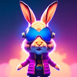 pixar style anamorphic cute rabbit baby, smiling, cyberpunk sunglass, gangsta gold neckless, full body, magenta puffer jacket, manila city backdrop, dramatic lighting, hyper realistic, unreal engine 5, 16k