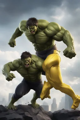 Create a picture of hulk and reverse Flash falling from the skye facing downwards animated