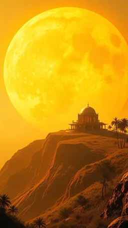 A burned villa on the hill of California coast of giant yellow sun, epic fantasy sci-fi style, huge transparent dome city on surface