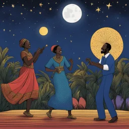 [colour illustration by Junji] n the rhythm of the night, we dance under the stars, Ata Kak's beats echo, bringing joy from afar. Aby Ngana Diop sings of love and pride, While King Sunny Ade strums, with tradition as our guide.