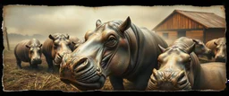 airbrush and pen outline, , close up on hippo farm , pinhole cam, airbrush 3d rendering, in the style of Titian and Rembrandt , torn edges on border