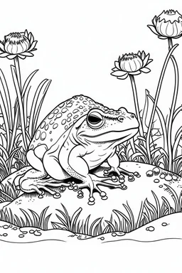 Outline art, toad in the garden, cartoon style, black and white, low detail, --ar 9:11