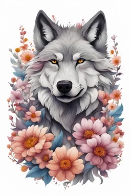 wolf in flowers white bg , illustration style with color