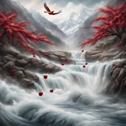 Rustic cherry branch floating down narrow rushing river, violent rapids, white peaks, birds flying. Highly detailed, fantasy, beautiful,hyperrelastic,