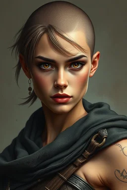 portrait of attractive female warrior with short no hair amber eyes