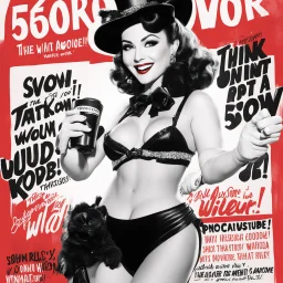 think about a commercial poster script with a burlesque show sponsored by Agent Provocateur outfit, the artist doing a thumb up to the camera with a smile, saying "5,000 watchers! That's awesome." Bigger! Wilder! Whoa!