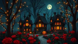 cute Halloween houses in red rose forest, trees, roses, fairy lights, red, night, 8k, high quality, trending art, trending on artstation, sharp focus, studio photo, intricate details, highly detailed, by greg rutkowski