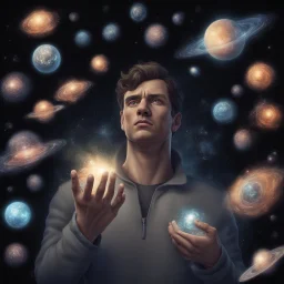 A man with determination who holds all the galaxies in his hand and stares at them