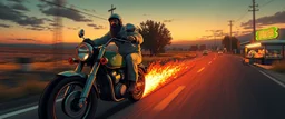 The kebab man driving fast on his holy motorcycle, fire from the exhaust, holy widescreen picture, holy empty road on the holy country at night, comic style, no helmet and he have a long holy black beard, neon kebab signs along the road, jesus stand at his market stand selling holy kebabs, simon stålenhag style
