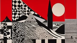 An abstract and geometric illustration by Malevich and Kuniyoshi of a black and white desert landscape with an anarchist red and back flag.