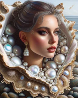 Create a fantastical image of a young beautyful woman in an elaborate dress resembling the interior of a pearl oyster, specifically a Pinctada, with rocks on the seashore in the background. An oil painting in the style of ultrarealism. The collar of the dress, like a hood, encloses the large, open jaw structures of the shell and the deep pearly interior, mimicking this bivalve. The person is also decorated with detailed patterns and textures that give the appearance of an aquatic creature, enhan
