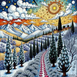 Vibrant, whimsical Mandelbrot fractal, winterly Tuscany landscape with frosted cypress trees, mountains, one single shooting star between clouds of silver and gold, richly textured acrylic ink and charcoal line art, in a zentangle style mix, blending Amanda Clark's fantastical elements and Catrin Welz-Stein's intricate details with Eyvind Earle's subtle earth tones and Georges Braque's bold geometri