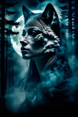 double exposure stunning woman-wolf hybrid portait, forest, moon, smoke, ultra-high detailed, deep dark colors, dark fantasy, intricate detail, cinematic, masterpiece, sharp focus, dark ethereal fantasy, hyperdetailed, atmospheric , dark surreal fantasy