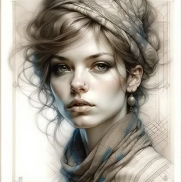 A pencil and charcoal line sketch portrait of a beautiful young woman, modest Christmas clothes, messy hairstyle, intricate details and bold lines. Beautiful, Jean-Baptiste Monge, Art Nouveau, Steve Hanks, Josephine Wall, Thomas Wells Schaller, Big brown eyes, shabby chic, Ella du Cane, wide open dark eyes, Beautiful detailed eyes, colorful. pastel patchwork line art, pen and ink, Maurice Miller and Faiza Maghni