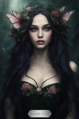 Water lilies Dark burgundy red long hair Dark Fairy princess rapunzel hair queen crown butterflies dragonflies fireflies elven tiara flowers fairy wings emerald moss