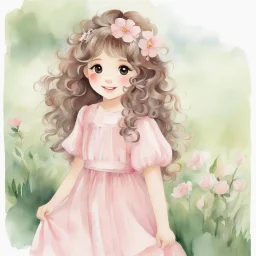 watercolor, full body, different poses, cute smile girl, curly hair, big eyes, long brown hair, pink dress, pink shoes, white backgrownd