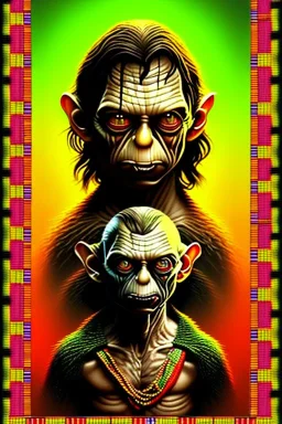 smeagol in Kente, cinematic, ghana colours, african pattern, engraved, lord of the rings, high detail