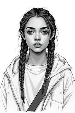 detailed graphic art, youth woman portrait, high detailed face, solitary vibe, modern clothes, braided hair , atmospheric, aesthetic, detailed linework, highly detailed, modern vibe, artwork, grayscale, no hood, no photorealism
