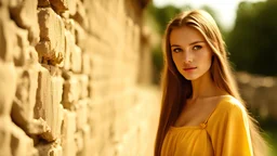 High resolution sharp focus Closeup of a beautiful slender 17 year old caucasian girl. Her long thick straight hair is light wavy brown. She is wearing a yellow sun dress. She is standing next to a wall of a medieval village during the day. She is staring at the viewer.