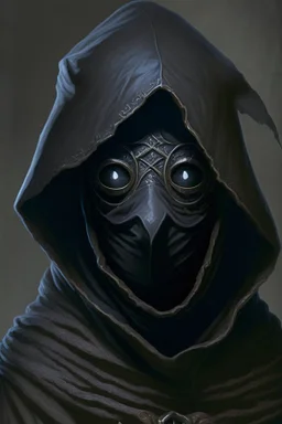 dungeons and dragons man wearing black robes and hood wearing a porcelain mask with eyeholes