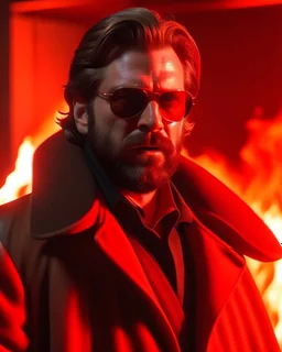 a young man with big muscles who looks like hans gruber wearing a heavy coat and red sunglasses staring with an irritated look on his face standing in front of a large fire