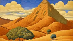 A brown desert dune near a mountain designed in Mayan architecture painted by Paul Ranson