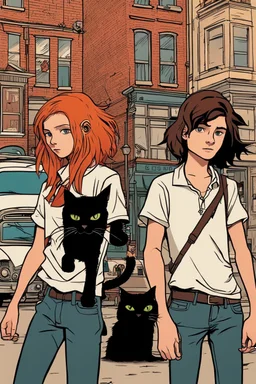 Two teenage brothers with ginger hair plus a teenage punk girl with dark hair are standing in characteristic book cover-style poses. The big black cat walks with them. They are young amateur detectives. The town street with a white van and a group of young people blured in the background, a mysterious atmosphere