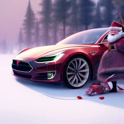 Santa driving his red Tesla convertible car, character design by cory loftis, fenghua zhong, ryohei hase, ismail inceoglu and ruan jia. unreal engine 5, artistic lighting, highly detailed, photorealistic, fantasy