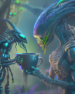an extremely realistic highly-detailed 4k image of a muscular lean metallic xenomorph alien in the style of H R Giger and an extremely realistic highly-detailed 4k native shaman handing the alien a cup, mysterious cinematic colors, a dark trippy colorful landscape, thick vegetation, 35mm, medium shot