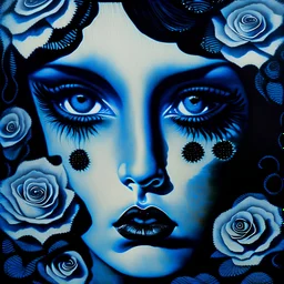 A detailed high quality surreal painting of a delicate, shimmering single blue animorphic rose woman, a small pretty face in its petals, two eyes, pouting lips, delictae nose, background is a blurred black and white hypnotic pattern, very mod, 1960s inspired art, psychedelic, highly detailed conceptual art, mixed media collage, dark fantastical atmosphere, fine lines, dali-esc, beautiful and natural, strange art, optical illusion