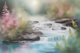 Beautiful ethereal scene with splashing water, alcohol ink effect, floral and ferns in foreground