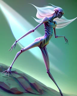 an ethereal and pastel alien creature, with shifting limbs and slender composition, is climbing through a strange wild landscape , highly polished, chrome airbrush style, dreamlike composition, color penciling color palette, surrealistic retro-futurism, rotoscoping, psychedelic aesthetic, metaphysical, highly detailed, arthur lismet, artstation, 1960s psychedelic drawing with art nouveau motifs, munch, vibrant, extra terrestrials art, vintage