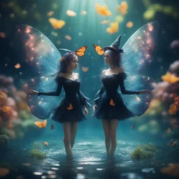 two mind flawyer witches with butterfly wings under water in well lit well ,bokeh like f/0.8, tilt-shift lens 8k, high detail, smooth render, down-light, unreal engine,bokeh like f/0.8, tilt-shift lens 8k, high detail, smooth render, down-light, unreal engine