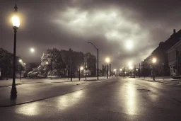 Small fantasy town, stormy, street lights