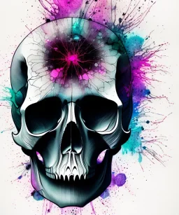 minimal lineart skull. watercolor and ink. broken. particles. black background. teal and magenta