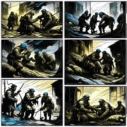 Masterpiece1:5)(Fineart), (award-winning:1.5), highest quality, war journalism, ink and colored pencil sketch of photocollage (by Gustave Doré, Jan Saudek:1.5),(Eastern Ukraine:(panel one:the moment after a battle ends, horrors of war, wounded men),(2nd panel, cinematic shot of men sitting in trench with 1000 yard stare (focus on their eyes:1.5)),(the third panel shows troops tired but hyper alert), (the fourth panel shows the sky is filled with incessant, fire and smoke everywhere,)