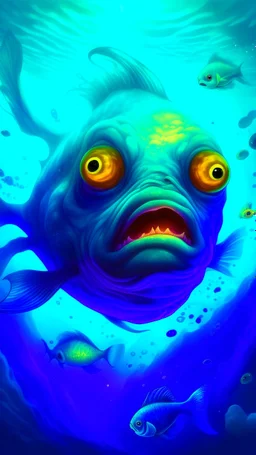 Bosch painting style, nightmare , a under the water creature looks like a bull fish with big eyes ,eating small fish great quality picture with cinematic scenes , heavy ocean blue water background